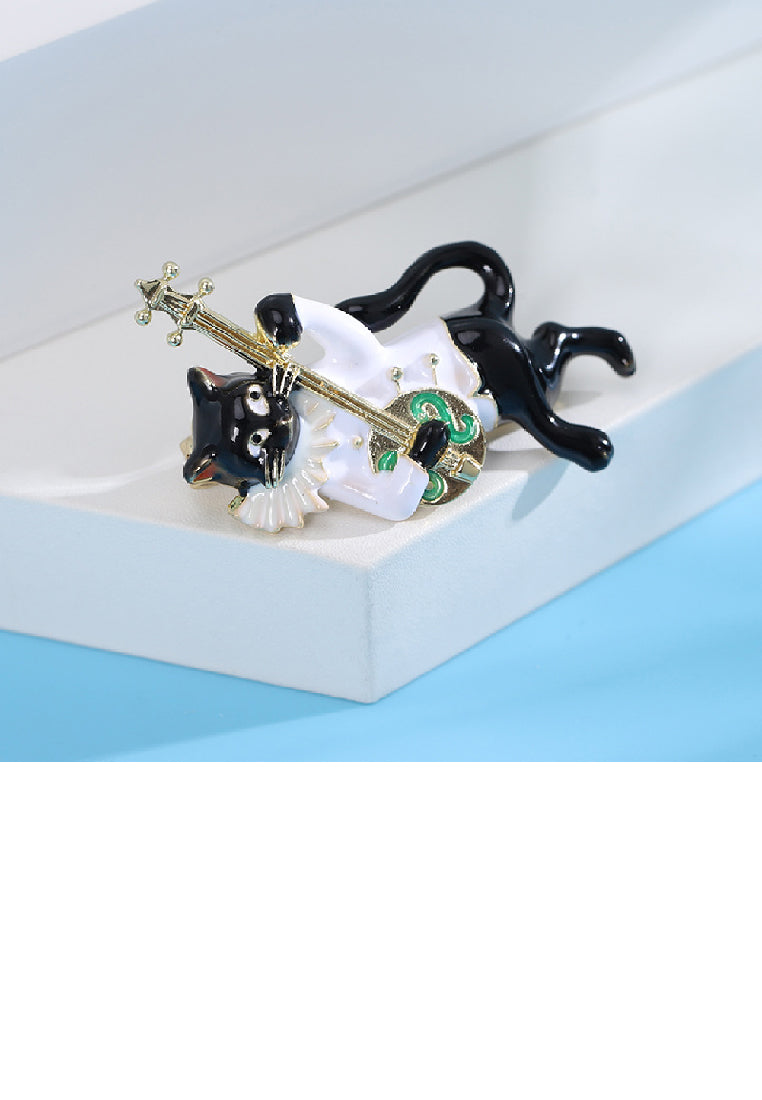 Fashion and Cute Plated Gold Enamel Playing Musical Instrument Cat Brooch