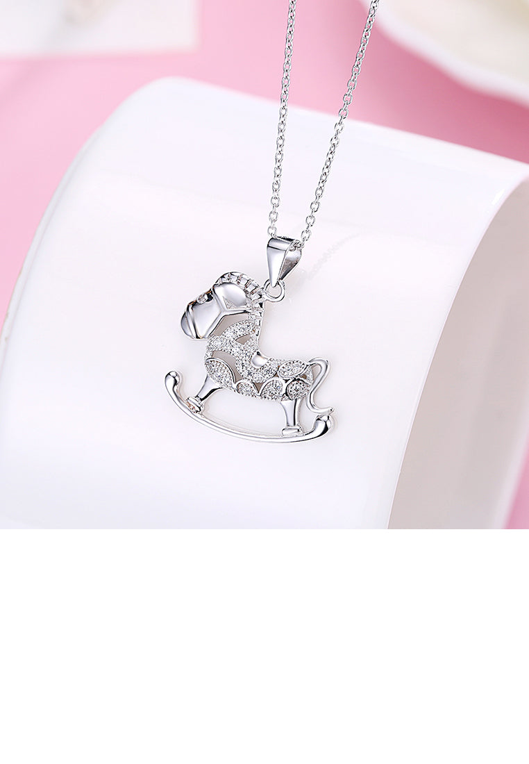 925 Sterling Silver Fashion Pony Pendant with Cubic Zircon and Necklace