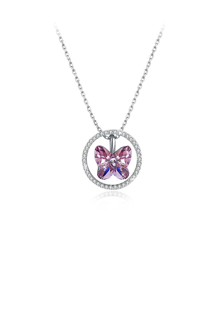 925 Sterling Silver Butterfly Pendant with Purple Austrian Element Crystal and Necklace
