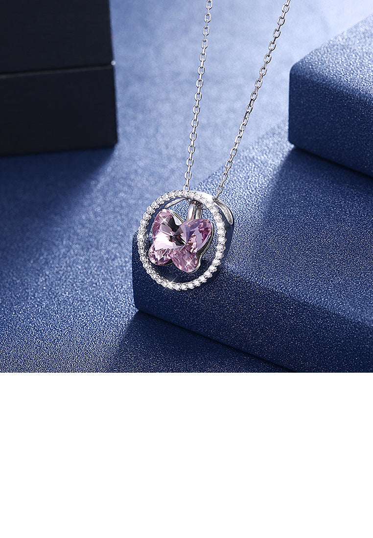925 Sterling Silver Butterfly Pendant with Purple Austrian Element Crystal and Necklace