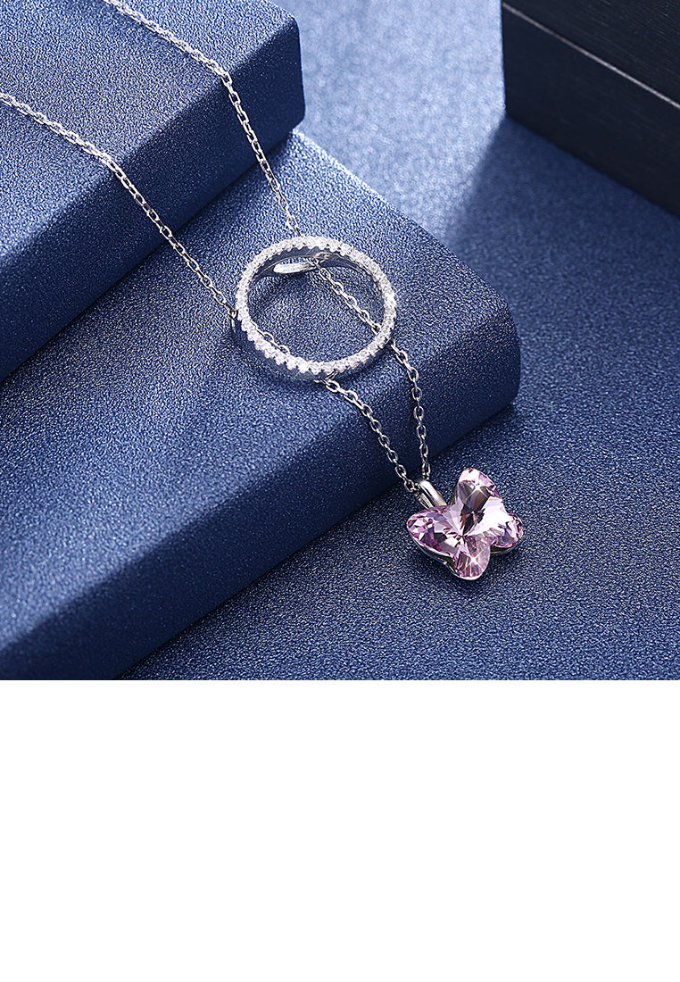 925 Sterling Silver Butterfly Pendant with Purple Austrian Element Crystal and Necklace
