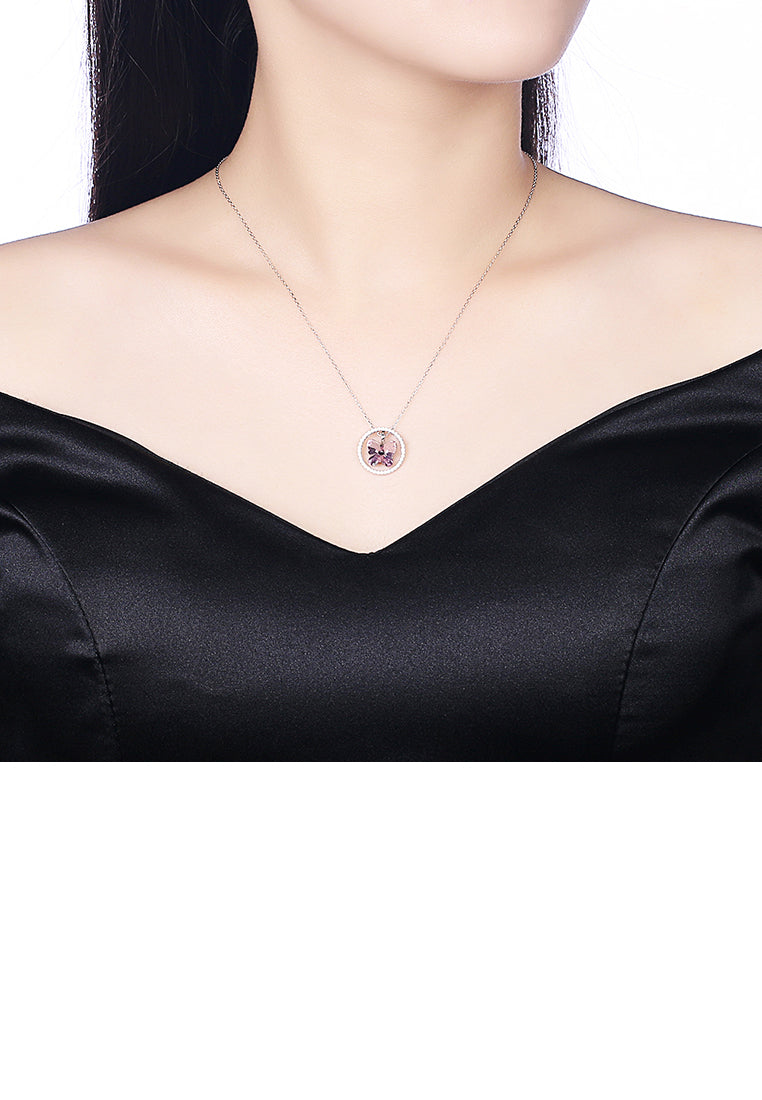 925 Sterling Silver Butterfly Pendant with Purple Austrian Element Crystal and Necklace