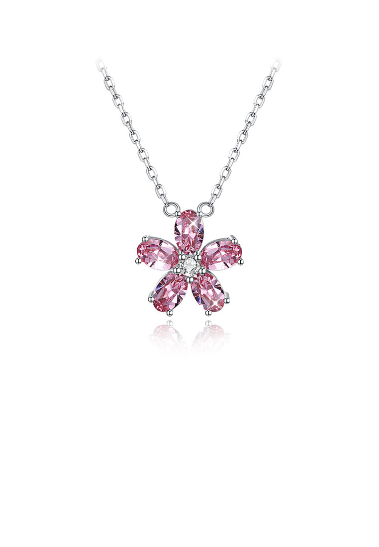 925 Sterling Silver Elegant Flower Pendant with Pink Austrian Element Crystal and Necklace - Vibrant Color
