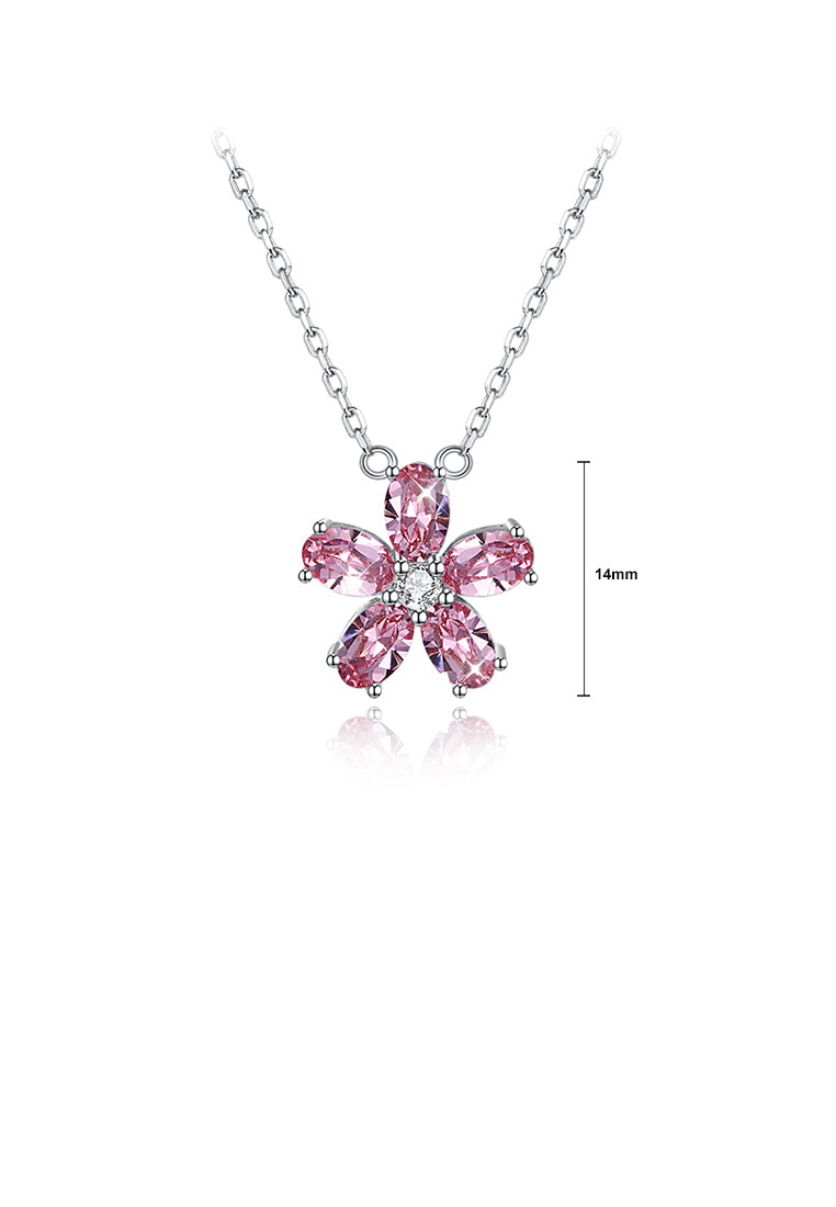 925 Sterling Silver Elegant Flower Pendant with Pink Austrian Element Crystal and Necklace - Vibrant Color