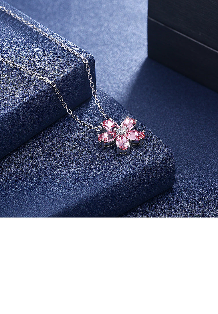 925 Sterling Silver Elegant Flower Pendant with Pink Austrian Element Crystal and Necklace - Vibrant Color