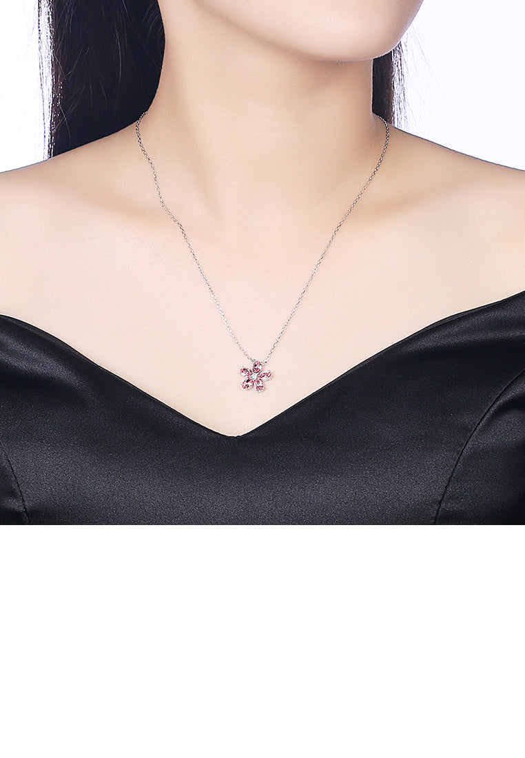 925 Sterling Silver Elegant Flower Pendant with Pink Austrian Element Crystal and Necklace - Vibrant Color