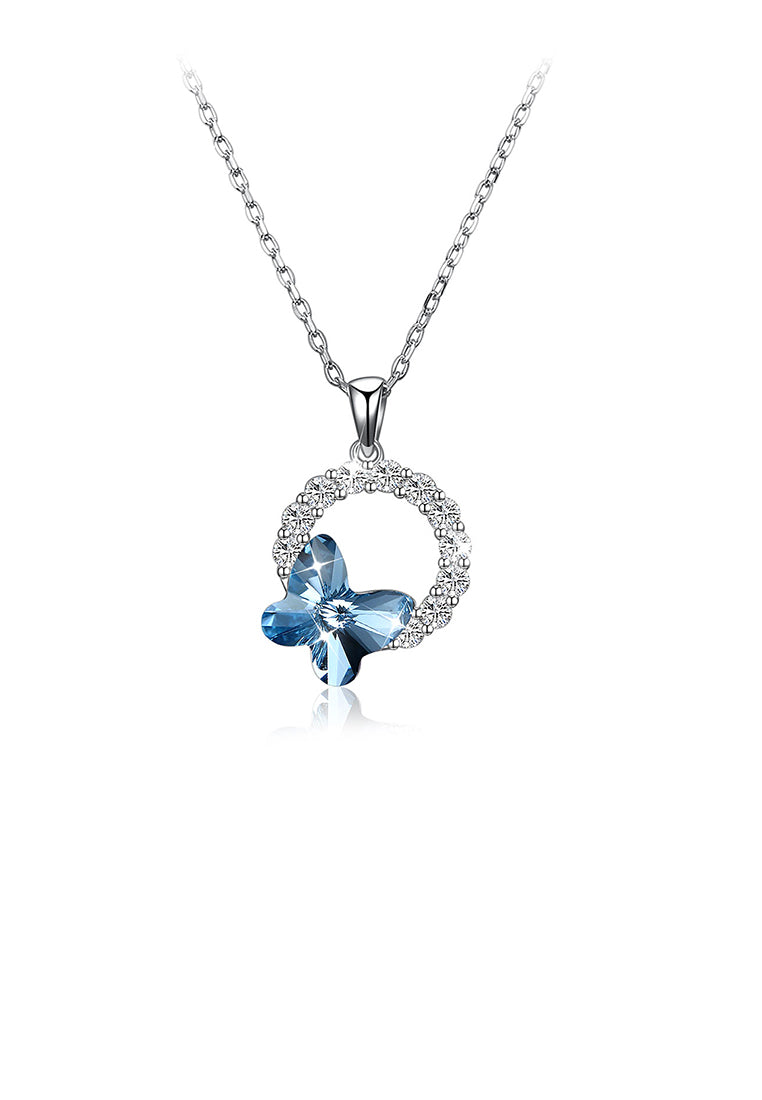 925 Sterling Silver Elegant Blue Butterfly Pendant with Austrian Element Crystal and Necklace