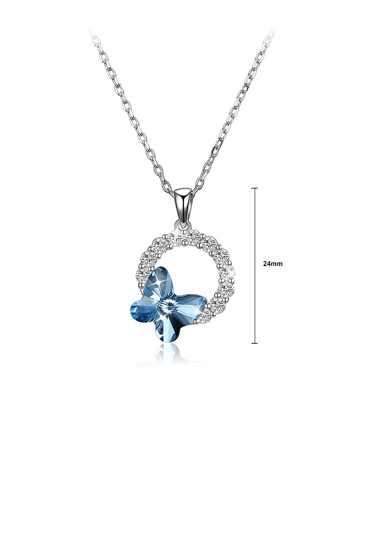 925 Sterling Silver Elegant Blue Butterfly Pendant with Austrian Element Crystal and Necklace