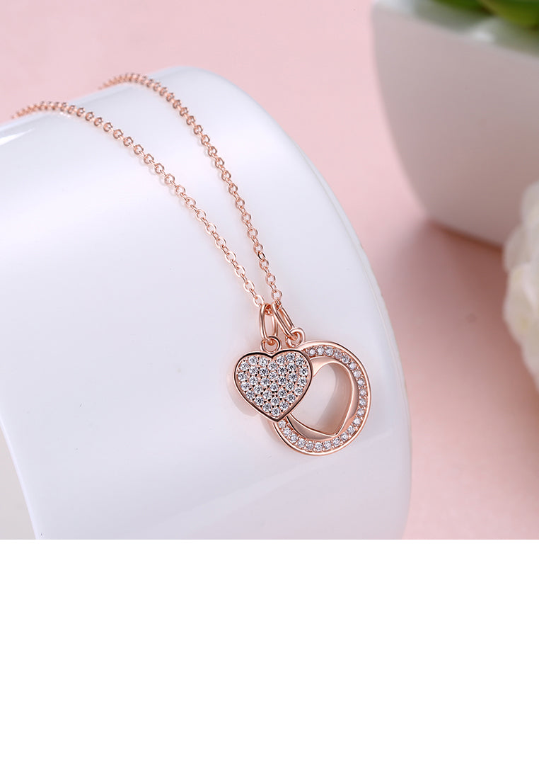 925 Sterling Silver Rose Plated Gold Heart Pendant with Cubic Zircon and Necklace