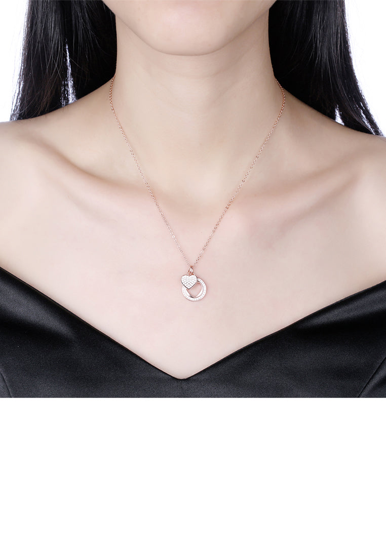 925 Sterling Silver Rose Plated Gold Heart Pendant with Cubic Zircon and Necklace