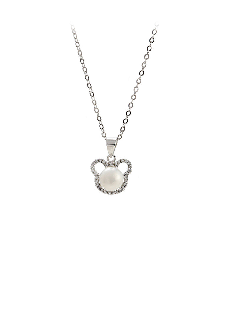 925 Sterling Silver Simple Cute Little Bear Freshwater Pearl Pendant with Cubic Zirconia and Necklace - Luxurious Look
