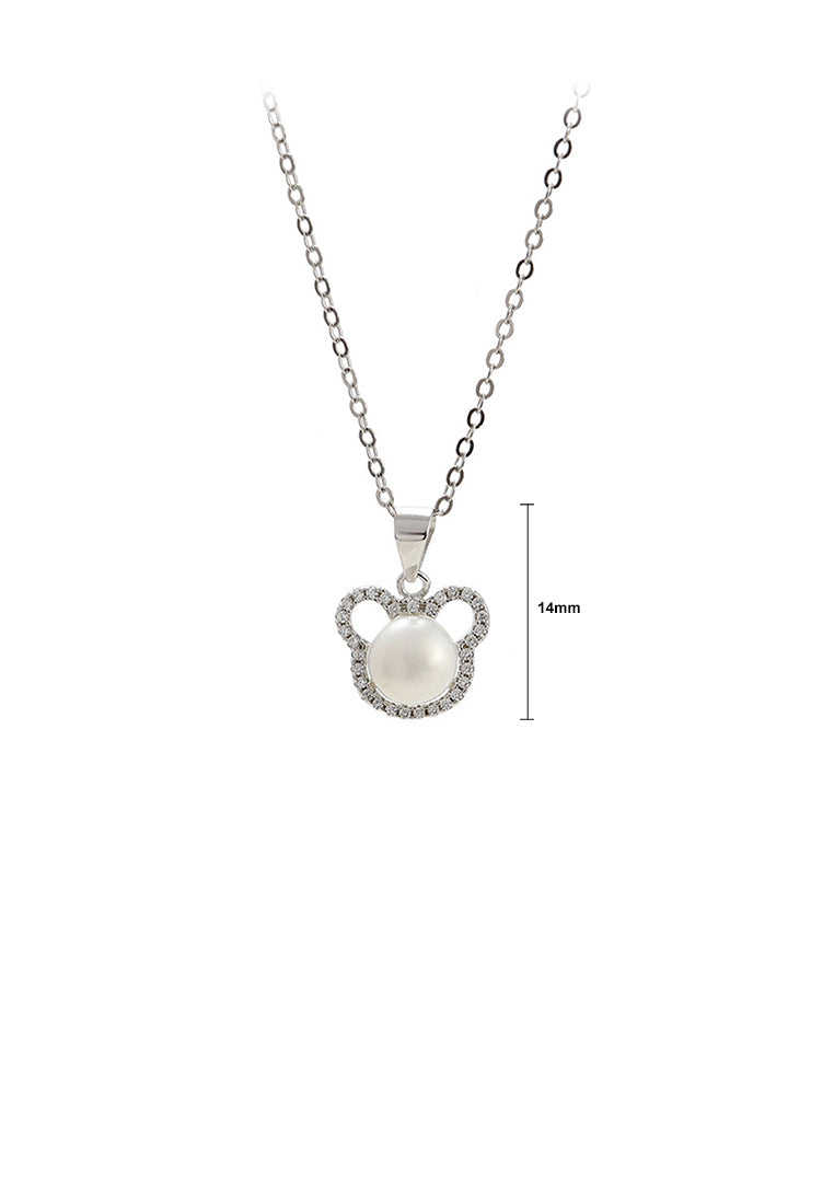 925 Sterling Silver Simple Cute Little Bear Freshwater Pearl Pendant with Cubic Zirconia and Necklace - Luxurious Look
