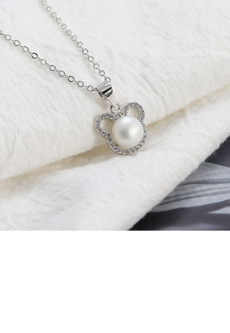 925 Sterling Silver Simple Cute Little Bear Freshwater Pearl Pendant with Cubic Zirconia and Necklace - Luxurious Look