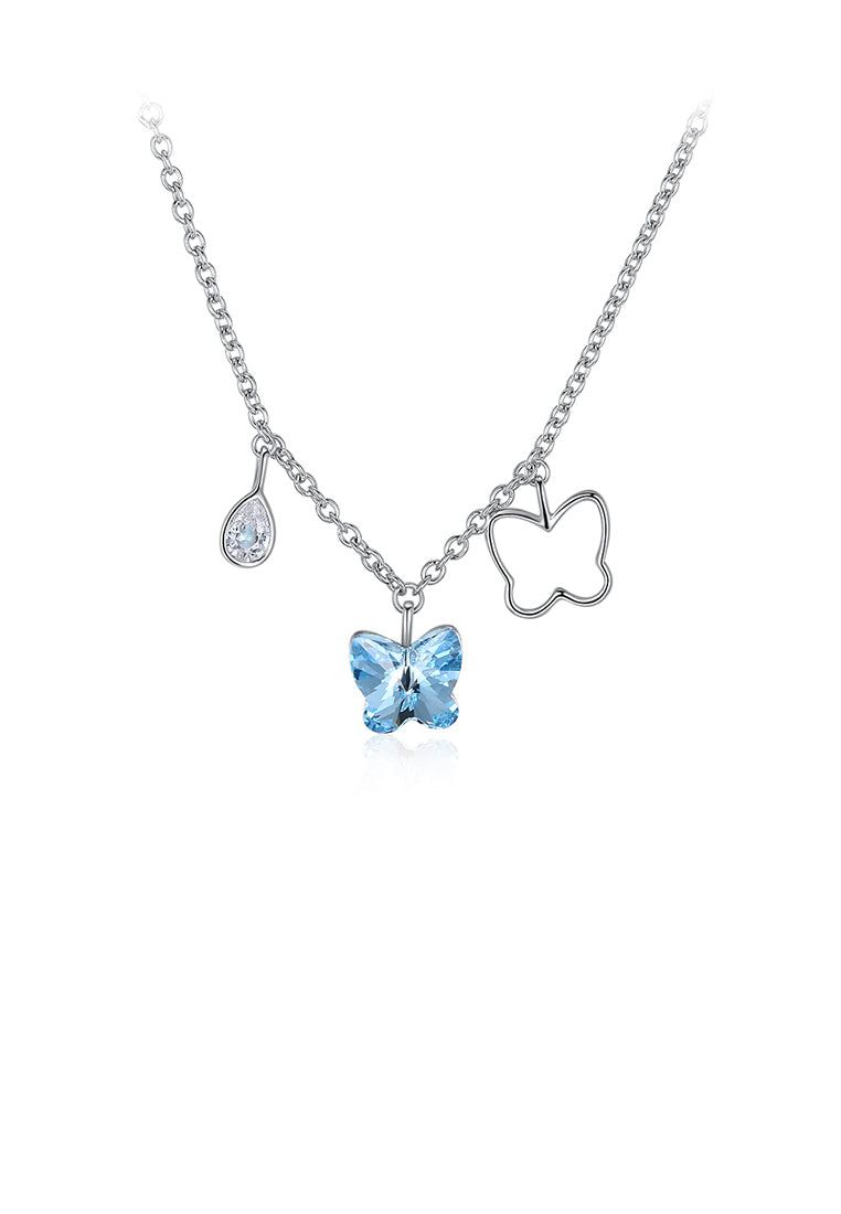 925 Sterling Silver Butterfly Pendant with Blue Austrian Element Crystal and Necklace
