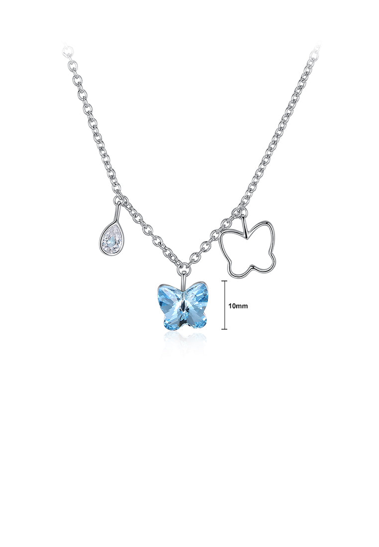 925 Sterling Silver Butterfly Pendant with Blue Austrian Element Crystal and Necklace