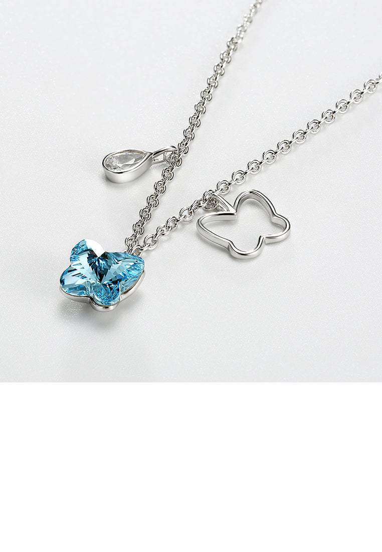 925 Sterling Silver Butterfly Pendant with Blue Austrian Element Crystal and Necklace