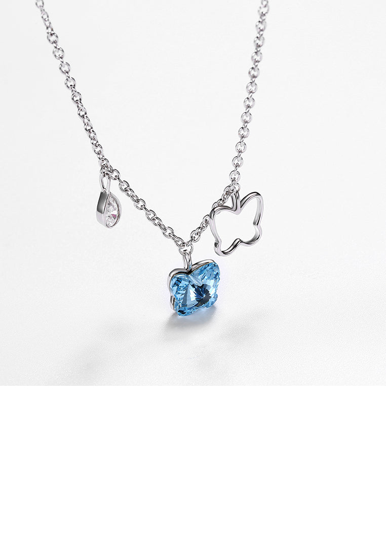 925 Sterling Silver Butterfly Pendant with Blue Austrian Element Crystal and Necklace