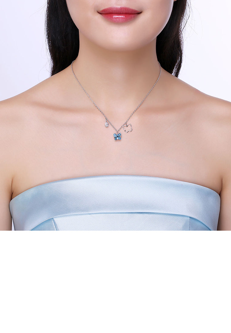 925 Sterling Silver Butterfly Pendant with Blue Austrian Element Crystal and Necklace