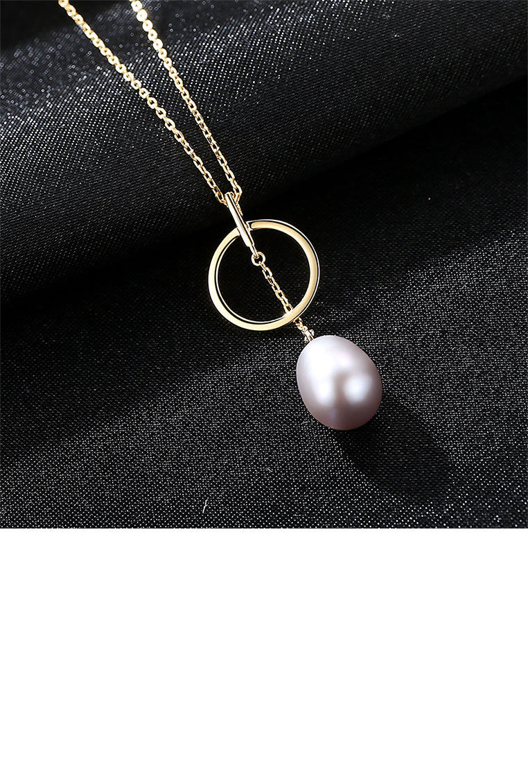 925 Sterling Silver Plated Gold Simple Fashion Geometric Circle Purple Freshwater Pearl Pendant with Necklace - Luxurious Look