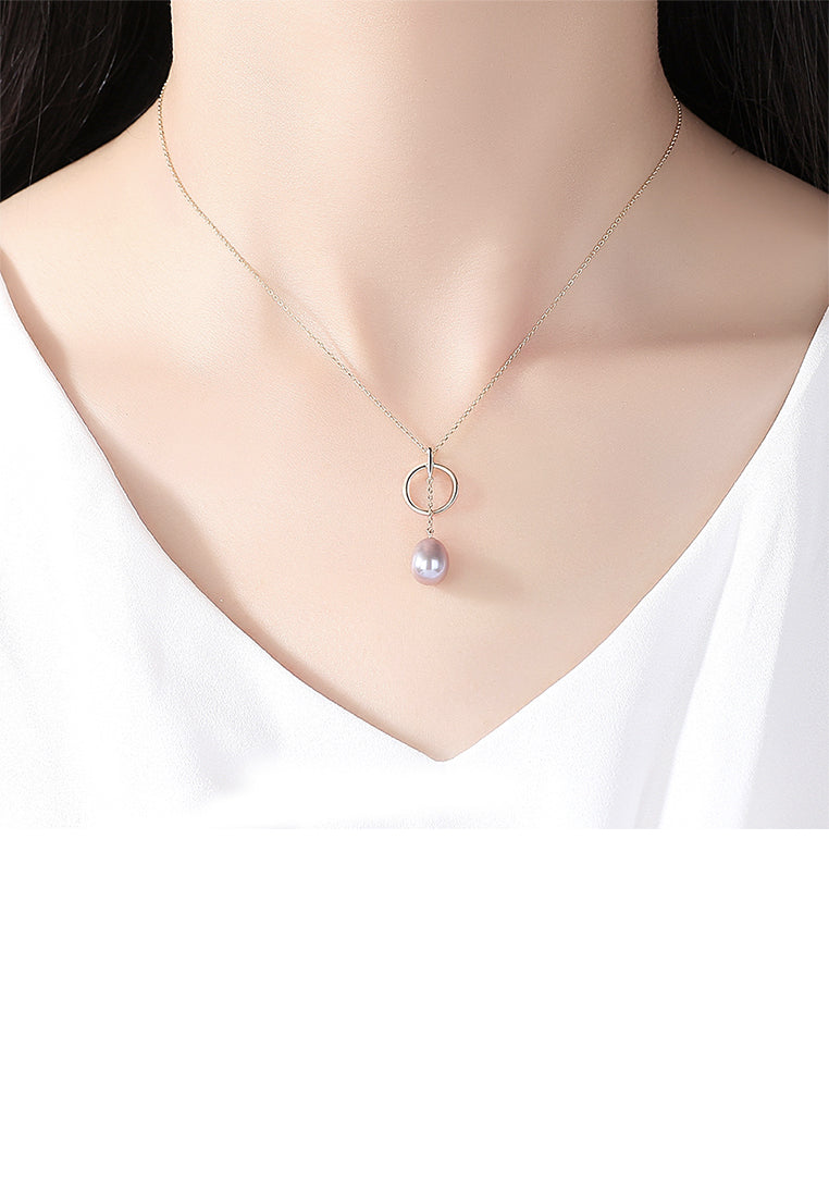 925 Sterling Silver Plated Gold Simple Fashion Geometric Circle Purple Freshwater Pearl Pendant with Necklace - Luxurious Look