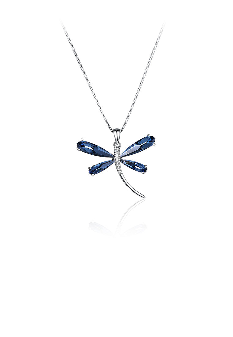 925 Sterling Silver Dragonfly Pendant with Blue Austrian Element Crystal and Necklace