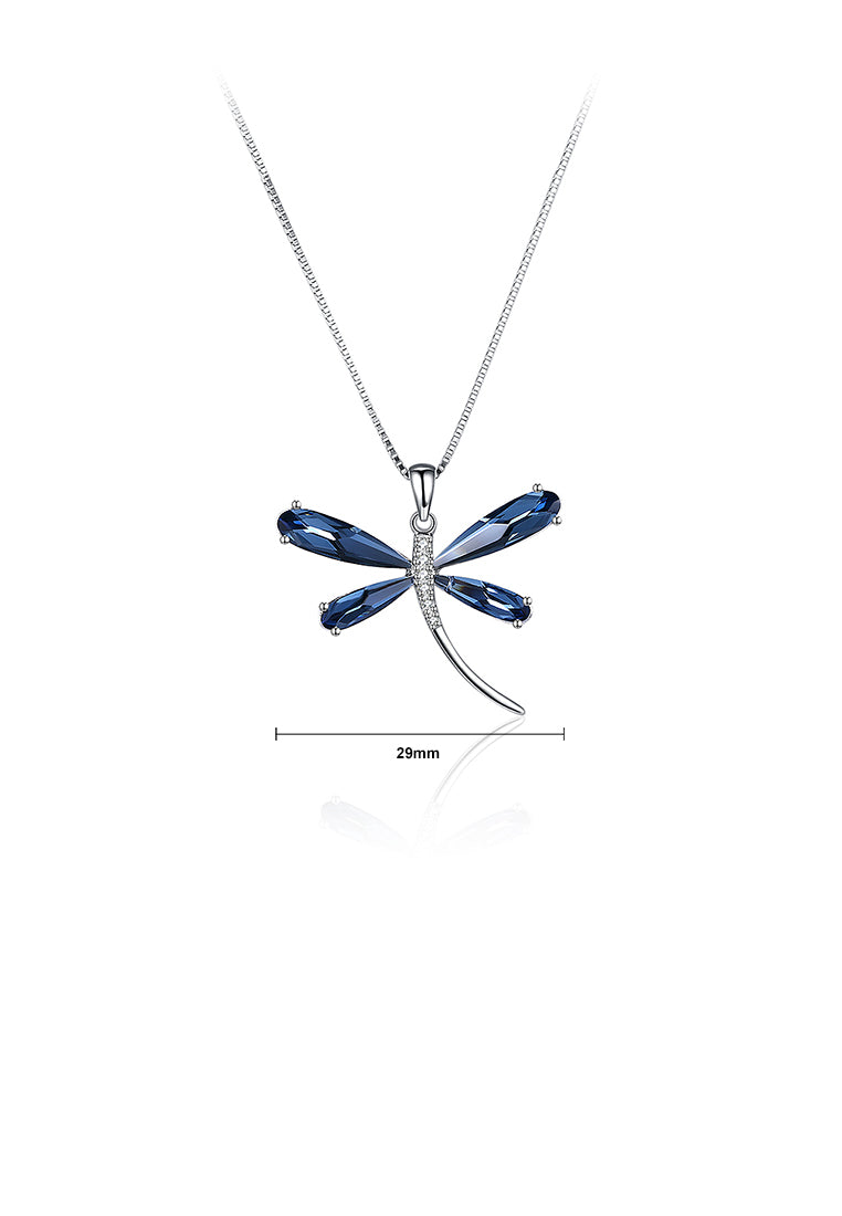 925 Sterling Silver Dragonfly Pendant with Blue Austrian Element Crystal and Necklace