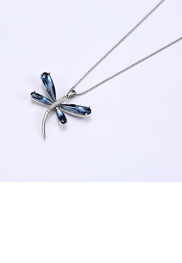 925 Sterling Silver Dragonfly Pendant with Blue Austrian Element Crystal and Necklace