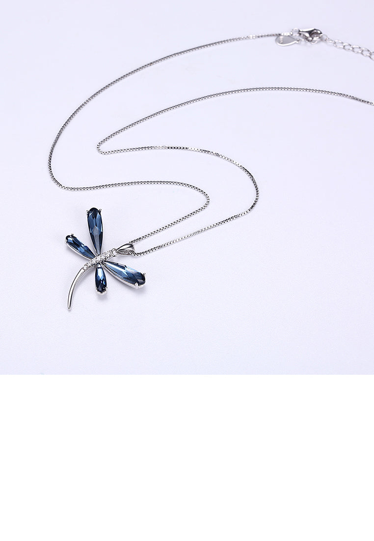 925 Sterling Silver Dragonfly Pendant with Blue Austrian Element Crystal and Necklace