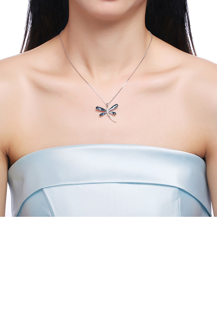 925 Sterling Silver Dragonfly Pendant with Blue Austrian Element Crystal and Necklace