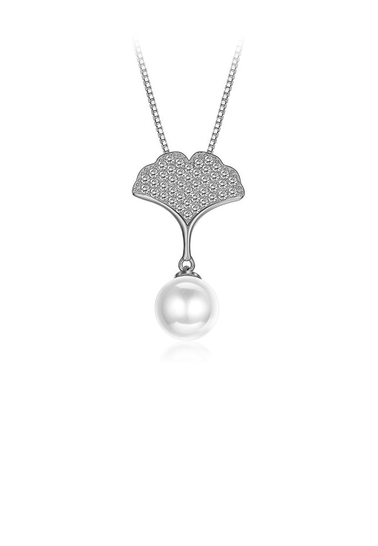 925 Sterling Silver Elegant Apricot Leaf Pearl Pendant with Austrian Element Crystal and Necklace - Luxurious Look