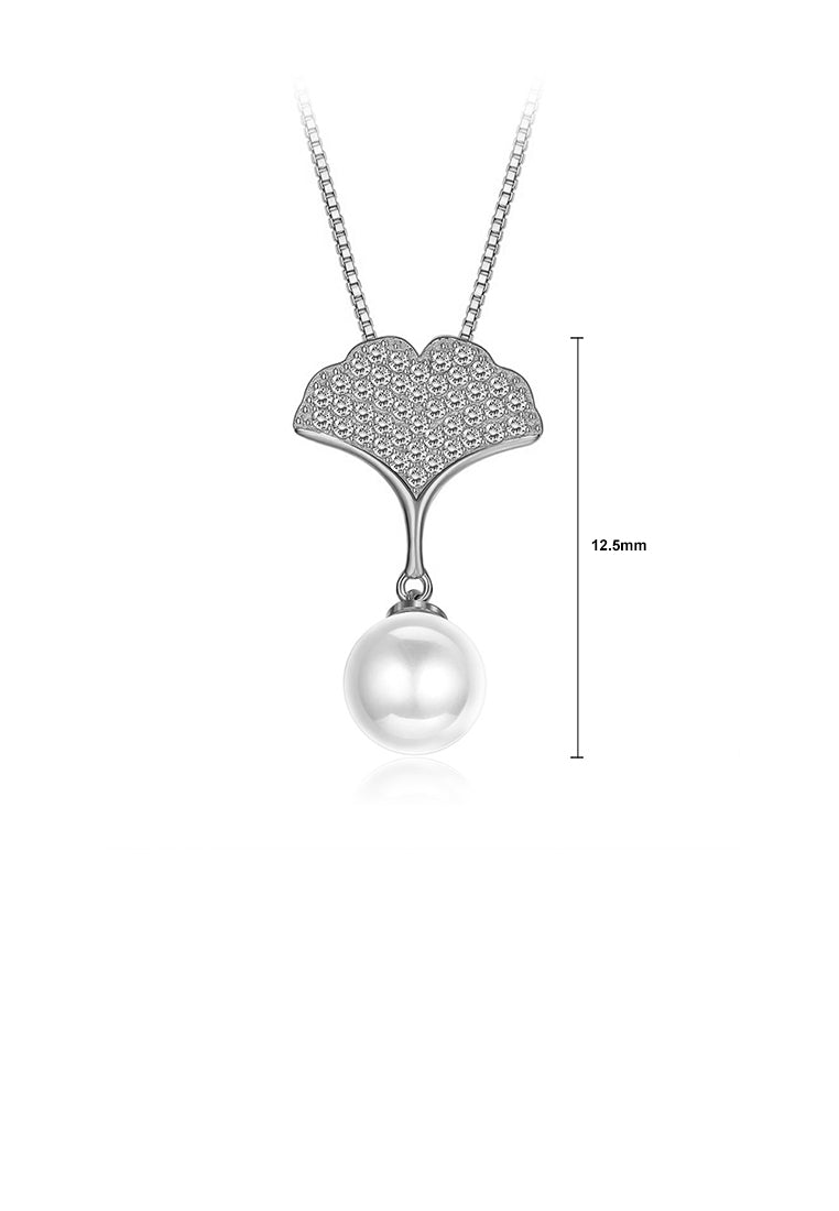 925 Sterling Silver Elegant Apricot Leaf Pearl Pendant with Austrian Element Crystal and Necklace - Luxurious Look