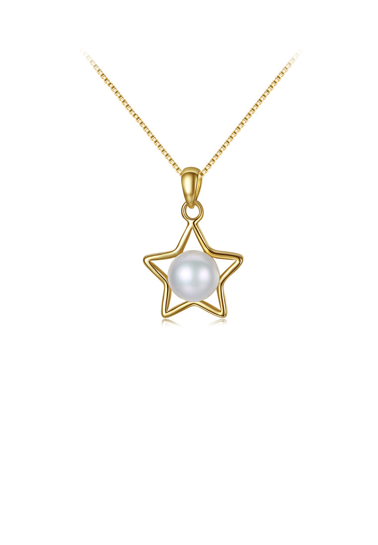 925 Sterling Silver Plated Gold Fashion Simple Star Pendant with Freshwater Pearls and Necklace