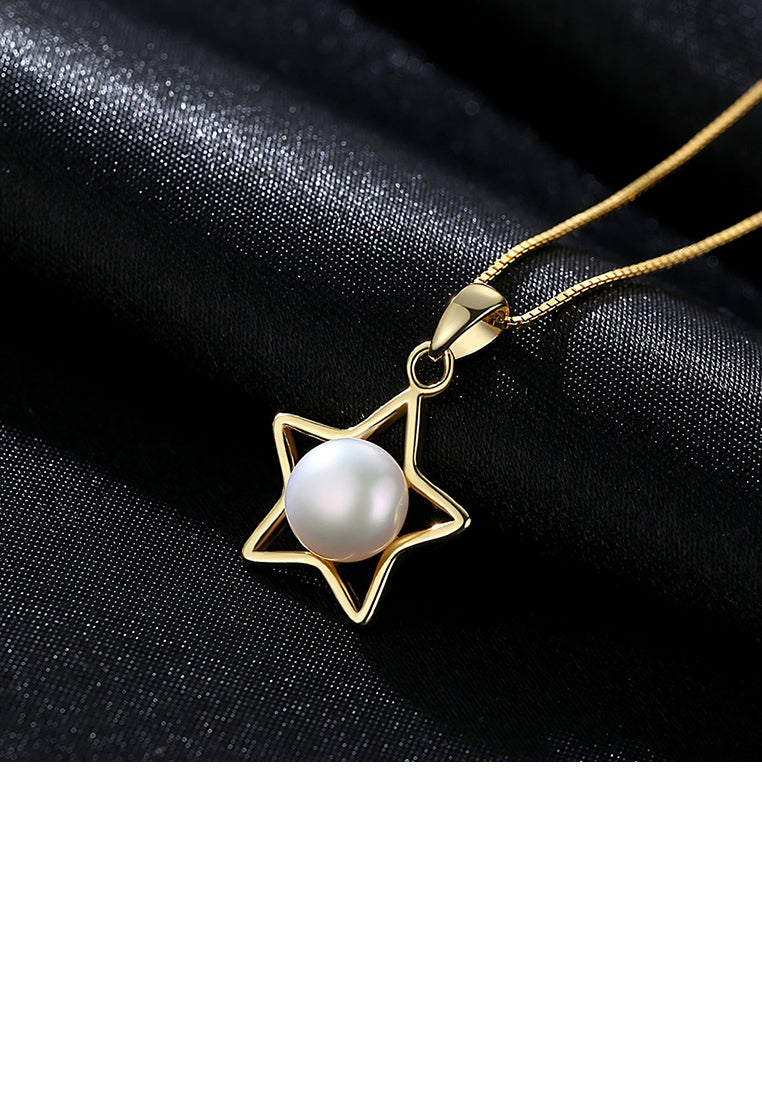 925 Sterling Silver Plated Gold Fashion Simple Star Pendant with Freshwater Pearls and Necklace