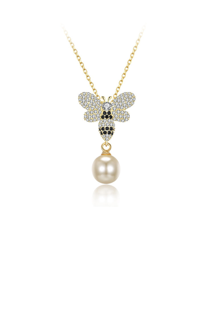 925 Sterling Silver Plated Gold Brilliant Bee Pearl Pendant with Austrian Element Crystal and Necklace - Luxurious Look