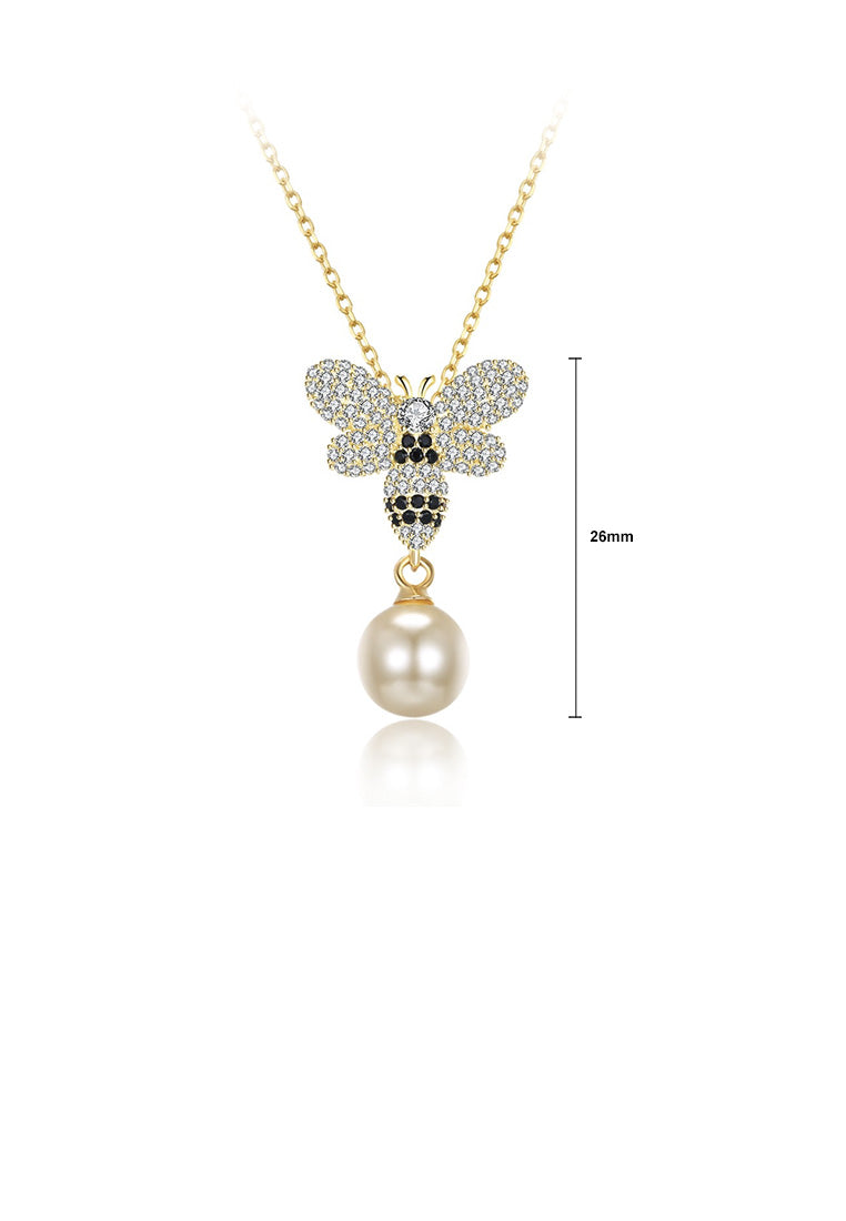 925 Sterling Silver Plated Gold Brilliant Bee Pearl Pendant with Austrian Element Crystal and Necklace - Luxurious Look