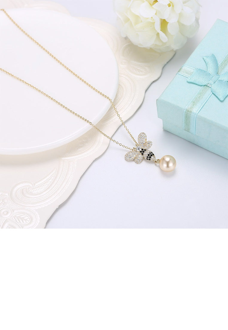 925 Sterling Silver Plated Gold Brilliant Bee Pearl Pendant with Austrian Element Crystal and Necklace - Luxurious Look