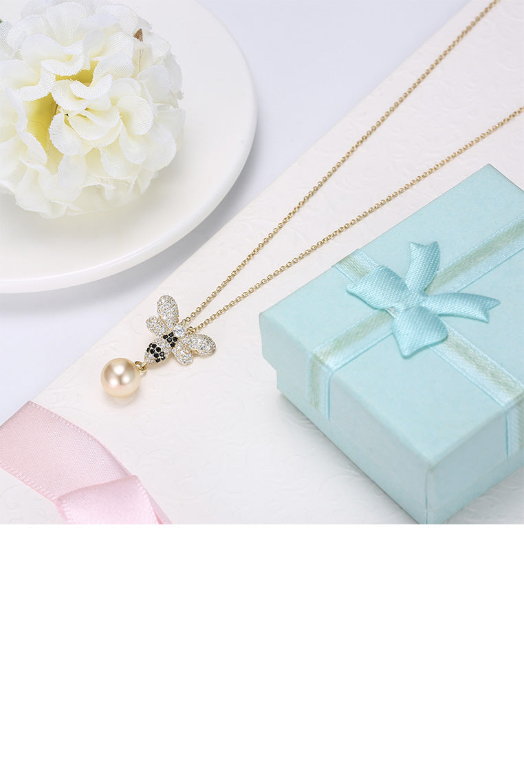 925 Sterling Silver Plated Gold Brilliant Bee Pearl Pendant with Austrian Element Crystal and Necklace - Luxurious Look