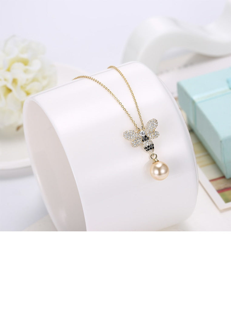 925 Sterling Silver Plated Gold Brilliant Bee Pearl Pendant with Austrian Element Crystal and Necklace - Luxurious Look
