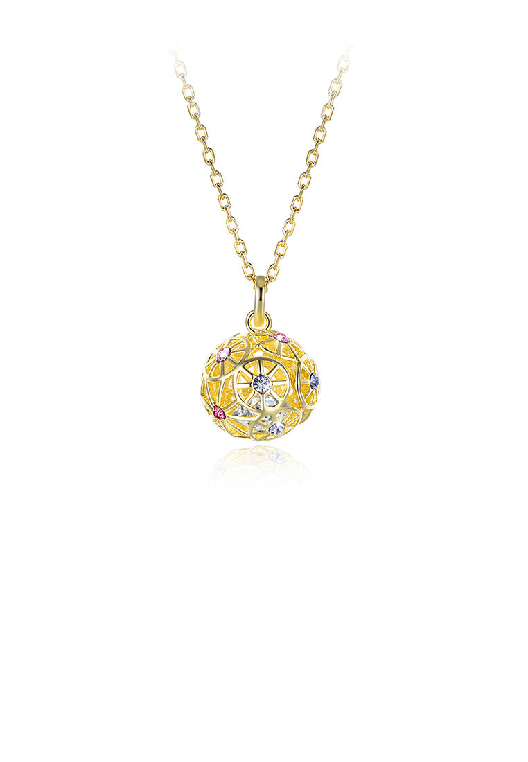 925 Sterling Silver Plated Gold Fashion Hollow Sphere Pendant with Austrian Element Crystal and Necklace