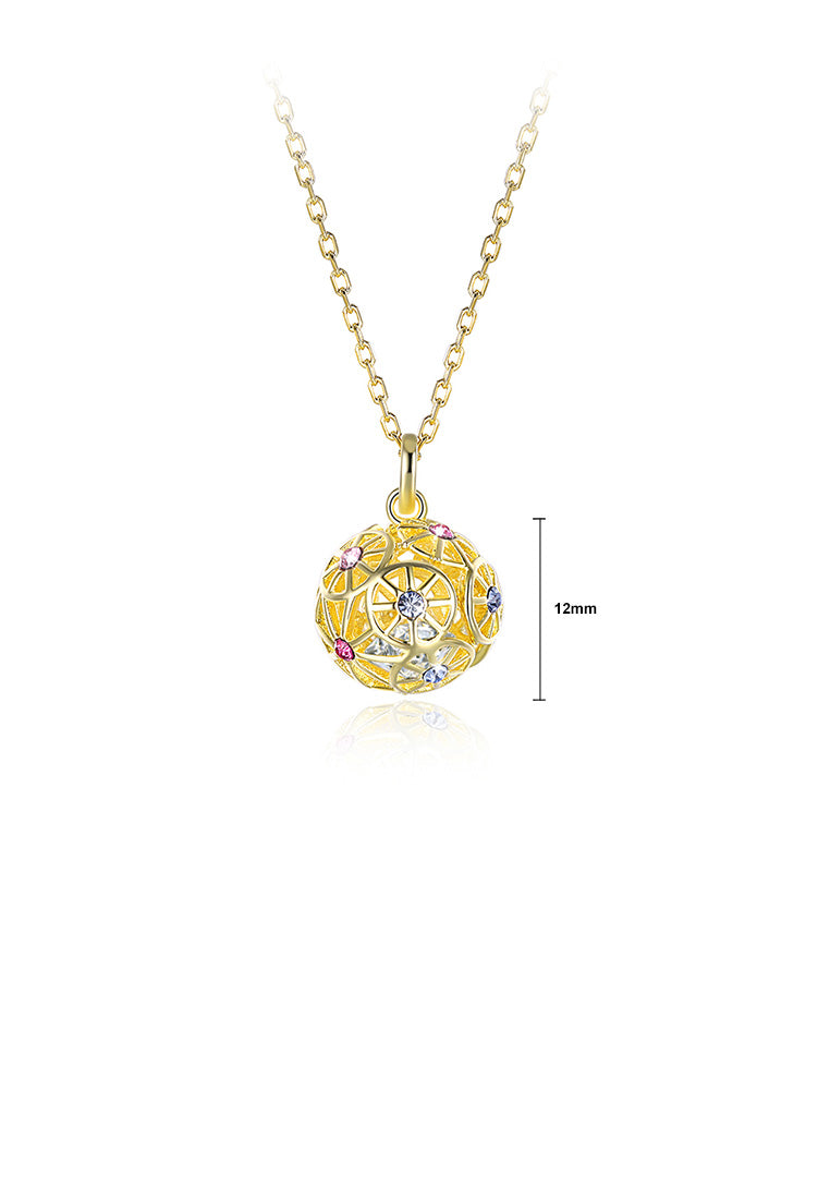 925 Sterling Silver Plated Gold Fashion Hollow Sphere Pendant with Austrian Element Crystal and Necklace