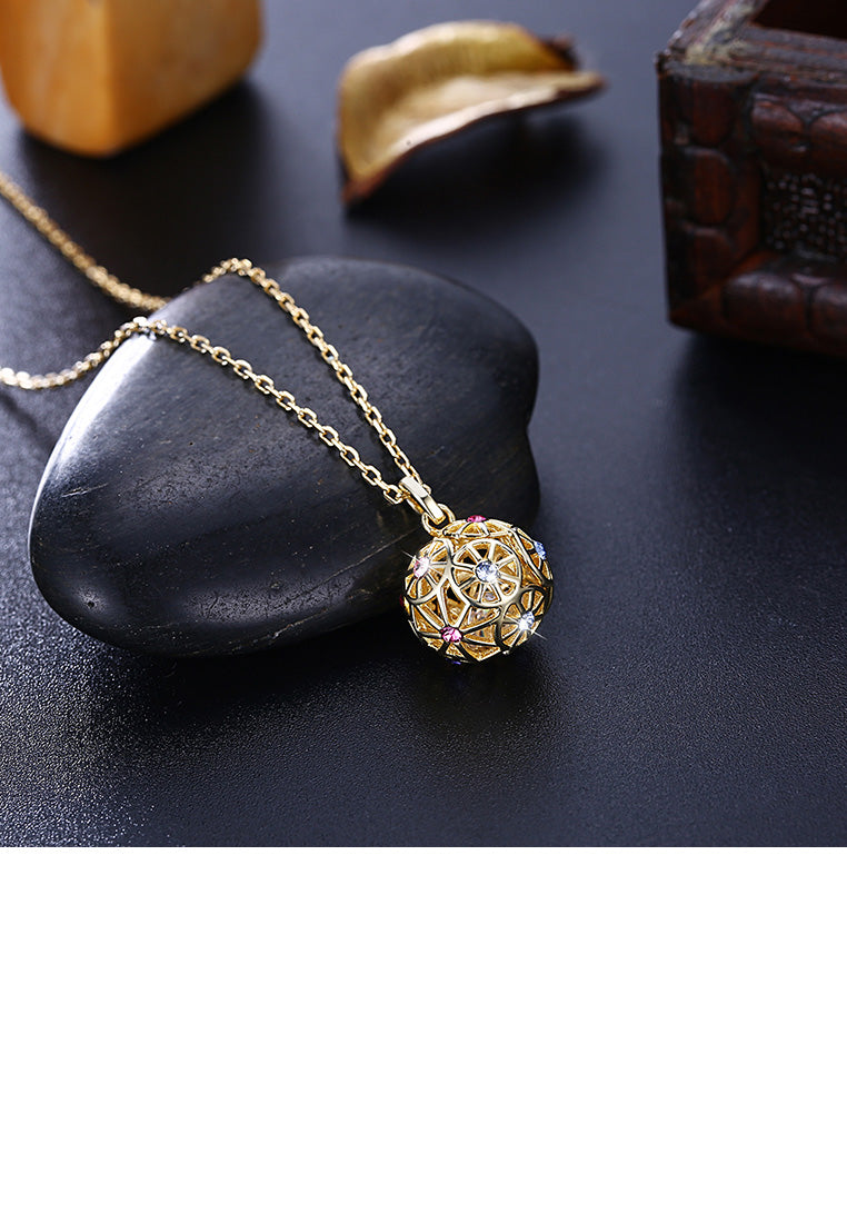 925 Sterling Silver Plated Gold Fashion Hollow Sphere Pendant with Austrian Element Crystal and Necklace
