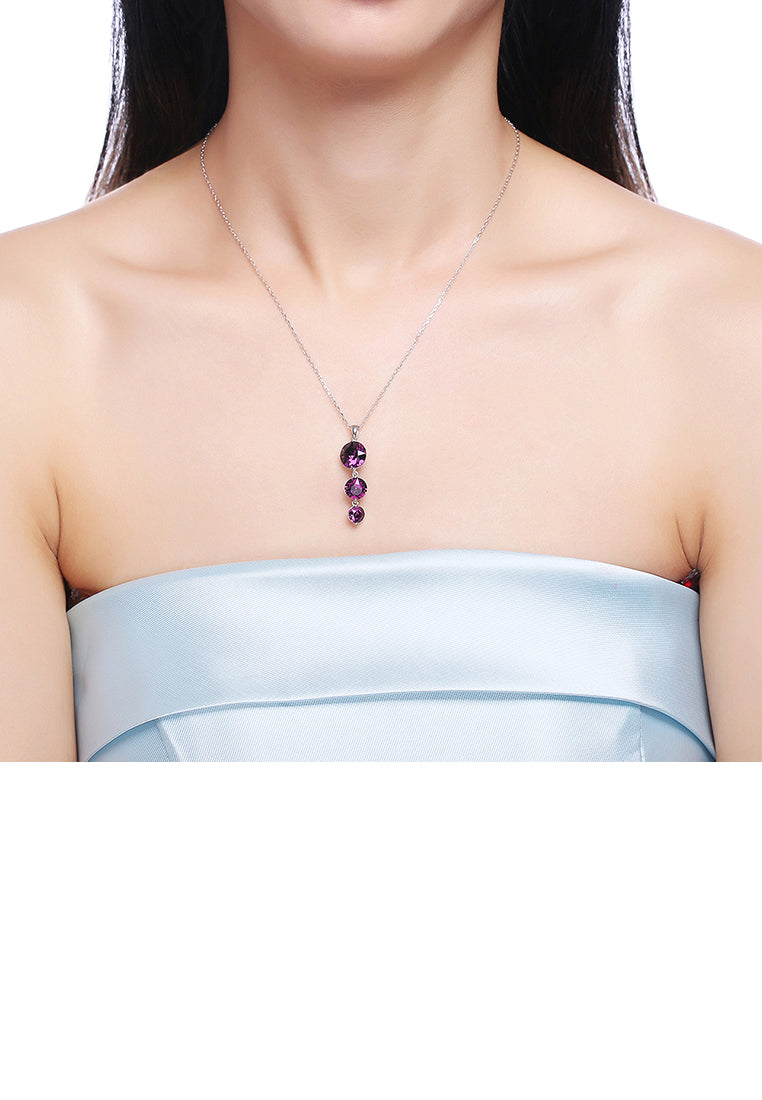 925 Sterling Silver Round Pendant with Purple Austrian Element Crystal and Necklace