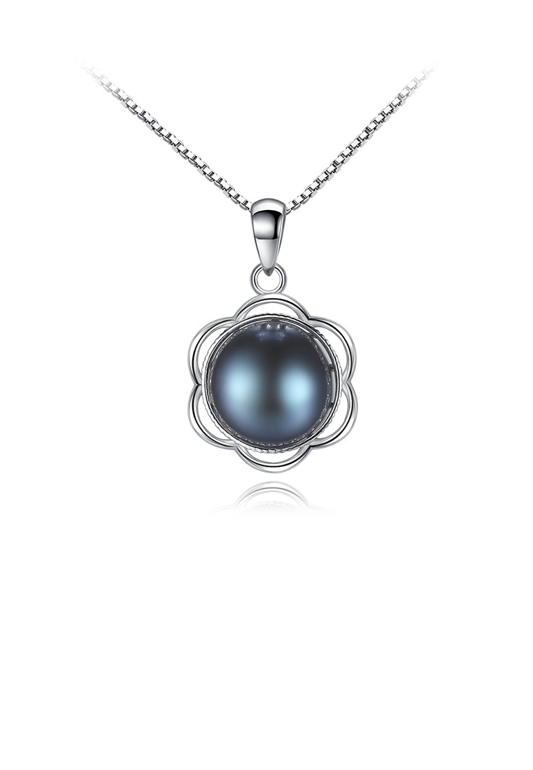 925 Sterling Silver Elegant Fashion Flower Black Freshwater Pearl Pendant with Necklace - Luxurious Look