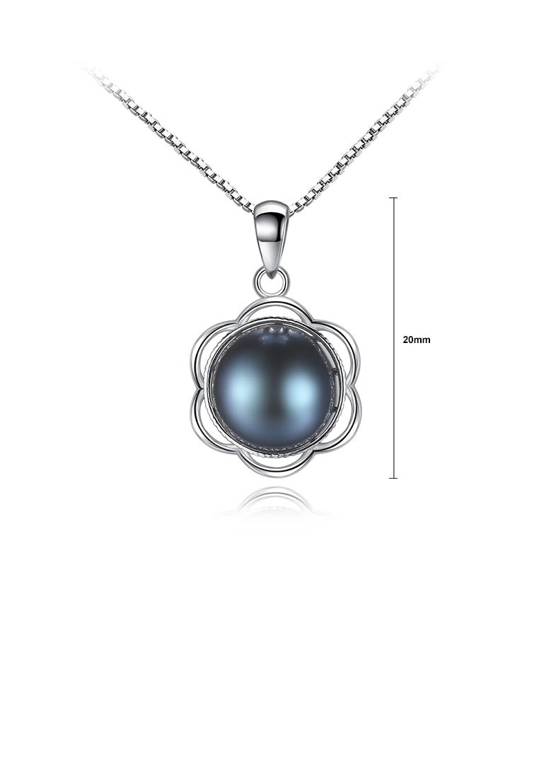 925 Sterling Silver Elegant Fashion Flower Black Freshwater Pearl Pendant with Necklace - Luxurious Look