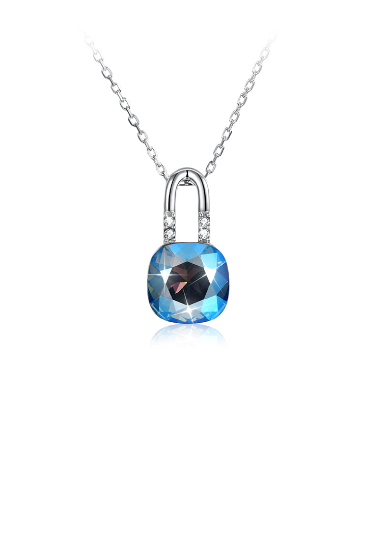925 Sterling Simple Elegant Fashion Lock Shape Pendant Necklace with Blue Austrian Element Crystal