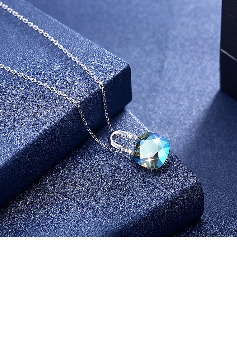 925 Sterling Simple Elegant Fashion Lock Shape Pendant Necklace with Blue Austrian Element Crystal
