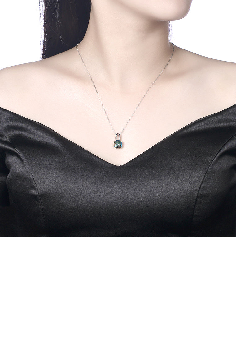 925 Sterling Simple Elegant Fashion Lock Shape Pendant Necklace with Blue Austrian Element Crystal
