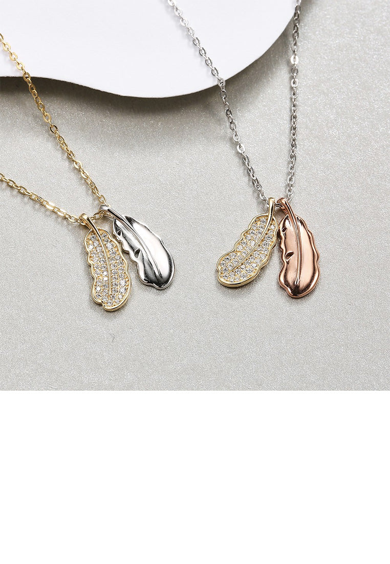 925 Sterling Silver Simple and Fashion Double Feather Pendant with Cubic Zircon and Necklace