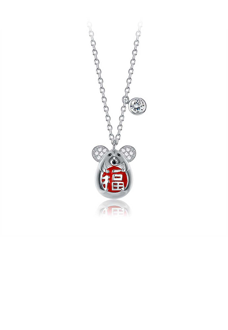 925 Sterling Silver Fashion Cute Mouse Pendant with Cubic Zircon and Necklace