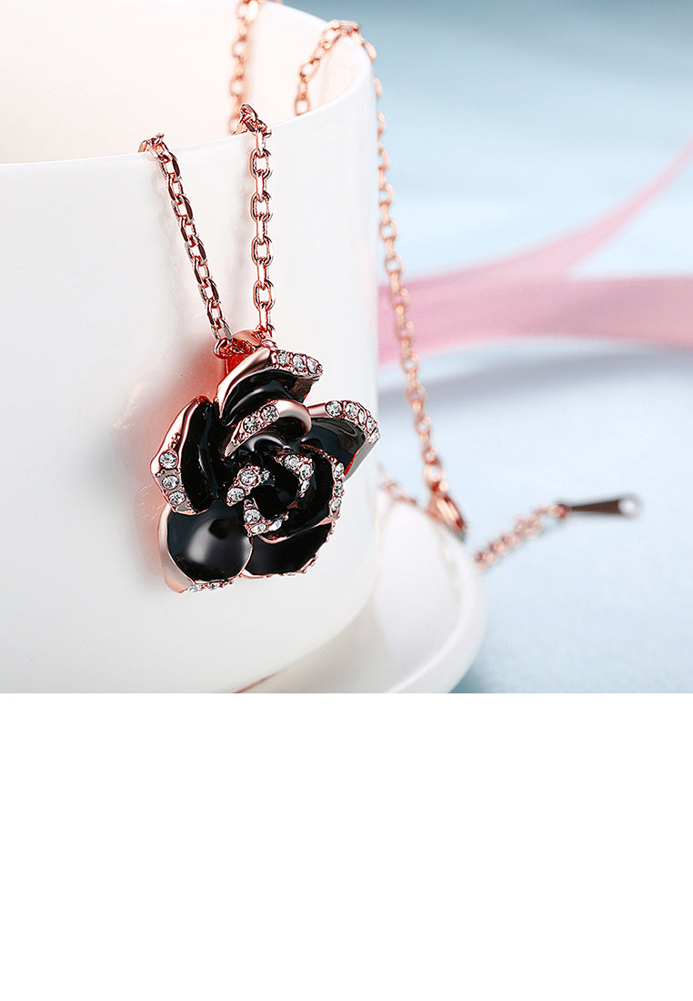 Elegant Plated Rose Gold Rose Pendant with Austrian Element Crystal and Necklace